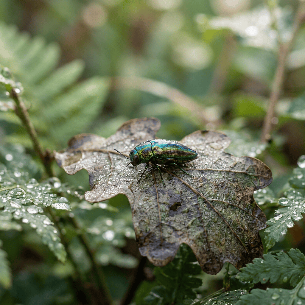 Iridescent beetle resting on a wet brown leaf